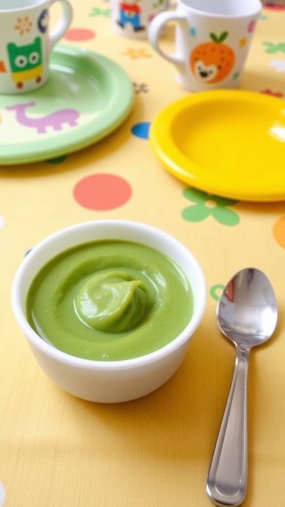 A bowl of smooth asparagus puree for toddlers with a spoon, surrounded by colorful children